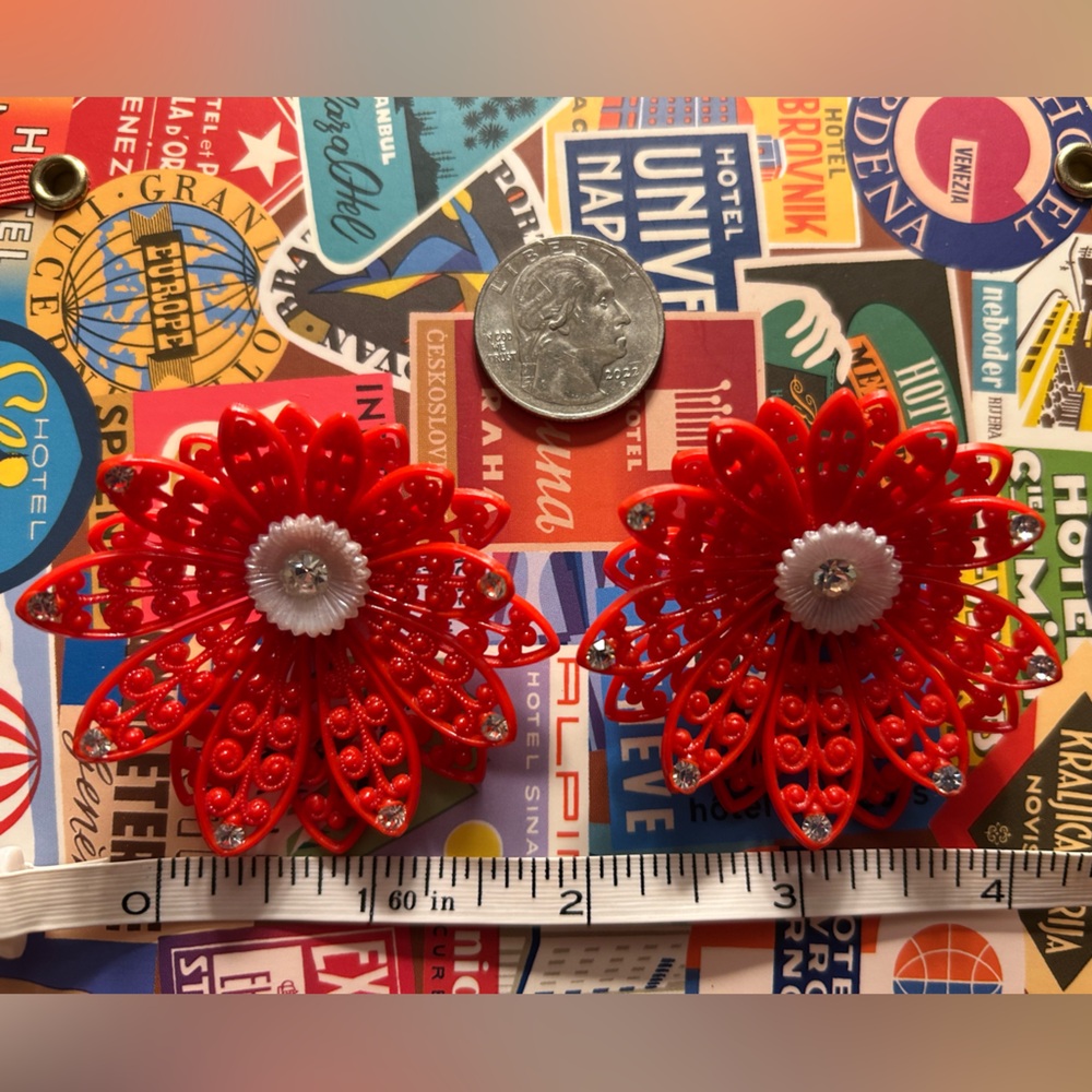 Vintage Red Earrings Celluloid 1940s-50s flowers White Center crystals Clip-ons